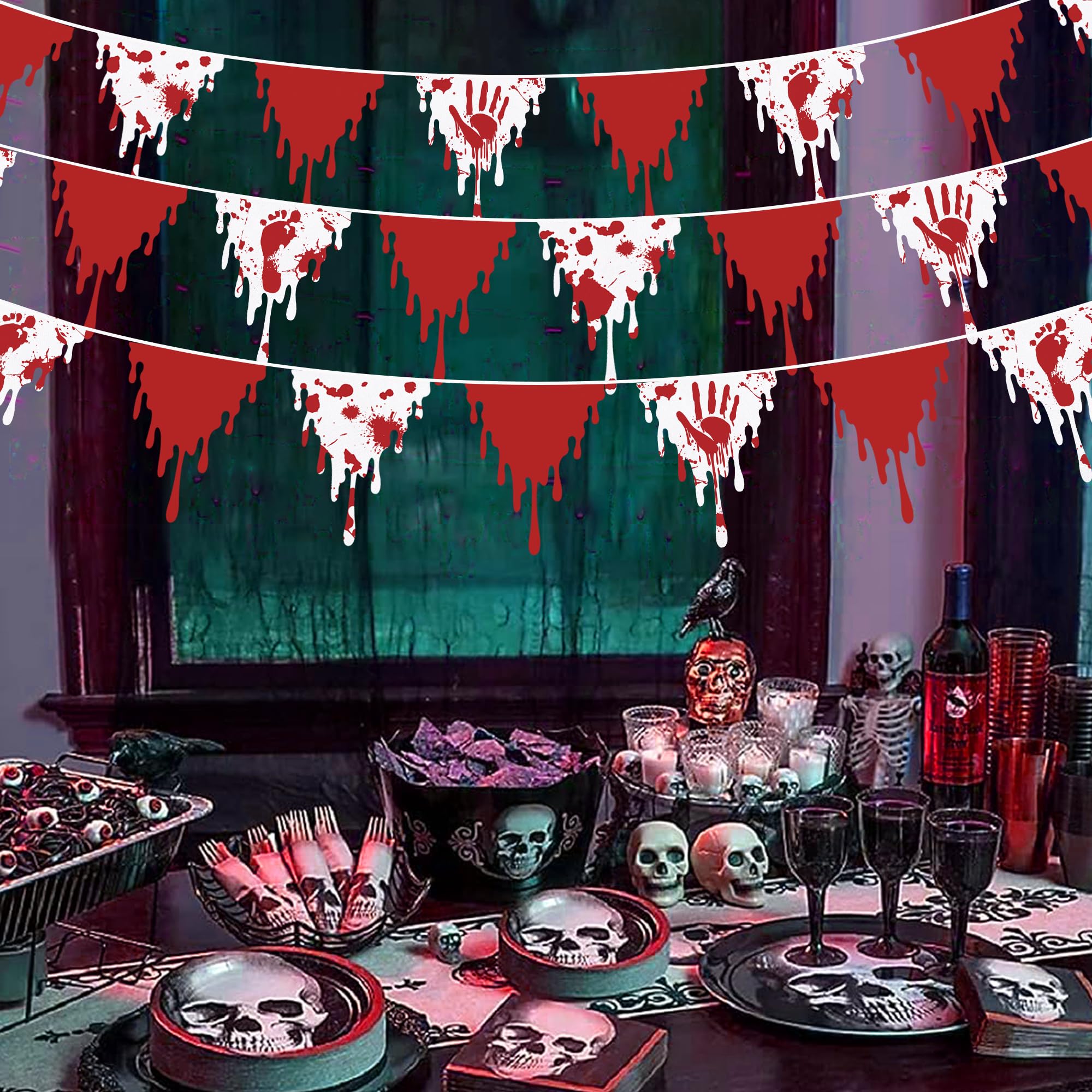 30Ft Halloween Party Decorations Red Bloody Handprint Footprint Triangle Flag Banner Fabric Pennant Garland Streamers For Happy